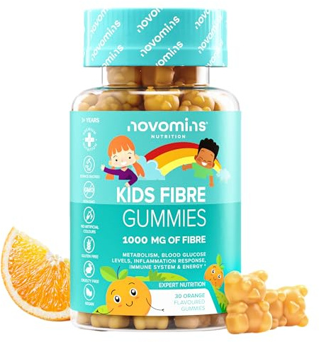 Fibra para Niños - con 1000 mg de Inulina, Cromo, Calcio, Vitamina D y B12-30 Gominolas - Suplemento para Regular la Digestión - Vegano y Sin Gluten - Sabor Naranja - Novomins