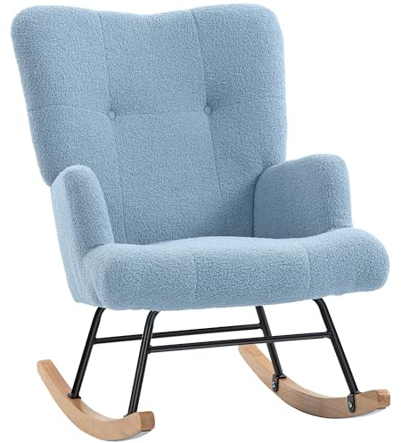 HOMCOM Silla Mecedora, Mecedora de Terciopelo de Teddy con Respaldo Alto, Patas de Madera de Caucho, Reposabrazos, Estilo Moderno, Sillón de Lactancia, Carga 120 kg, para Dormitorio, Salón, Azul Claro
