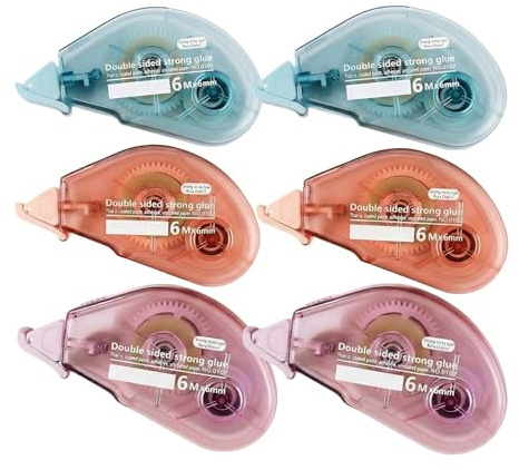 Pack de 6 Celo Doble Cara, 6mm x 6m Rodillo de Pegamento Transparente para Scrapbooking, Fotos y Manualidades, Dispensador sin Enredos