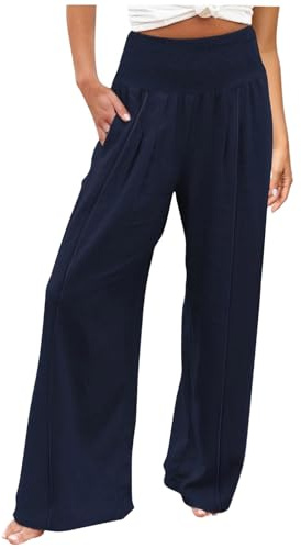 Generico Pantaloni Lino Donna Estivi Pantaloni Elastico Vita Alta Larghi Eleganti Pantalone Casual da Spiaggia Comodi Leggeri con Tasche Palazzo