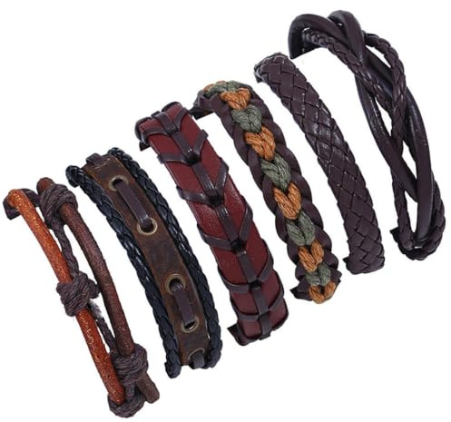MAIKAOZAI Lot de 6 bracelets tressés en cuir véritable pour homme | Bijoux de poignet réglables pour homme | Accessoire antirouille à porter au quotidien