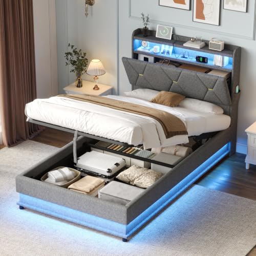 Single Ottoman Bed Frame with LED Concealed Storage Headboard, 3ft Upholstered Platform Bed Frame with LED Lighting & Charging Station, Hydraulic Gas Lift Up Fabric Storage Bed, Grey, No Mattress