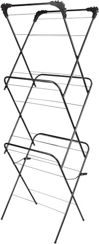 3 TIER FOLDING METAL 12M CONCERTINA WINGED TOWER INDOOR OUTDOOR CLOTHES TOWEL AIRER DRYER DRYING RACK STAND WITH 20 PEGS SPACE SAVING (Black 2303)