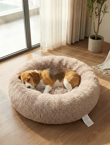 Donut Dog Bed,Calming Anti Anxiety Medium Dog Beds,Washable Soft Warm Plush Fleece Fluffy Soothing Cat Pet Cushion,Round Orthopedic Relief Improved Sleeping Non Slip Bottom Kitten Bed, 60cm, Beige