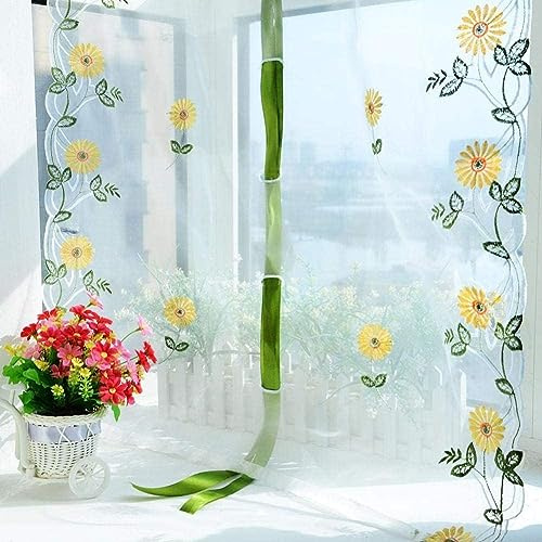 Agatige Tende Trasparenti Bianche, Tende Camera da Letto Moderne Tende di Sollevamento in Tulle con Ricamo Girasole per Soggiorno, Camera da Letto, Pannello per Finestre(80 * 150cm)