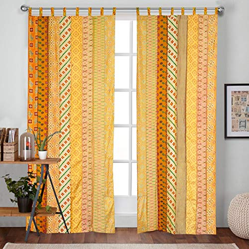 2 st set indisk vintage gammal silke sari tyg lappverk handgjord dörr fönster stång ficka heminredning panel gardin set (gul remsa lapp, 213 cm x 107 cm varje panel)