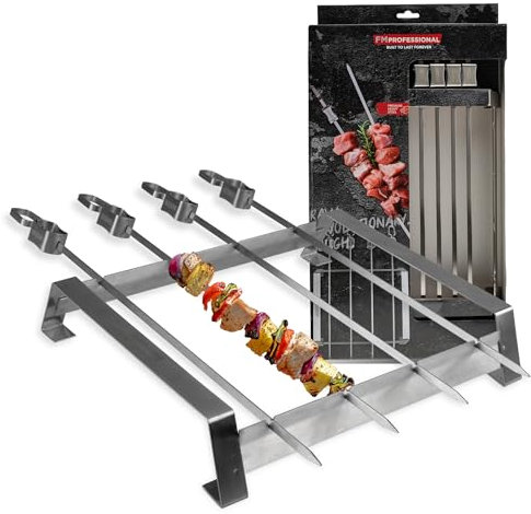 FMprofessional Grillspieße mit Halterung aus Edelstahl – 4 XXL Spieße mit Halter für den Grill – Inklusive Abstreifer zum schnellen Lösen von Fleisch und Gemüse – Zubehör für Schaschlik & Co