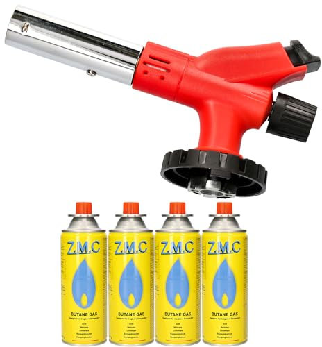 Z.M.C Brûleur à gaz 1,0 kW + 4 cartouches de gaz de 227 g - Brûleur à flamme jusqu'à 1300 °C - Chalumeau Bunsen - Chalumeau de cuisine avec flamme réglable - Embout brûleur
