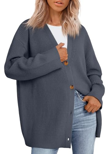 LILLUSORY Maglione cardigan oversize da donna 2025 abiti autunnali in tessuto moda scollo a V in maglia bottone frontale casual alla moda top, Grigio scuro., XL