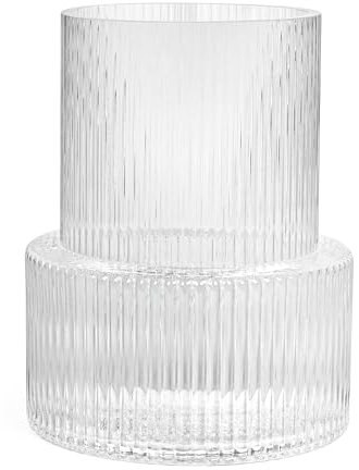 Clear Glass Vase, Ribbed Vase For Flowers, Fluted, Modern Vase For Table Centerpiece In Living Room, Kitchen, Shelf, Weddings And Office 15.5CMX19.0CM By Snapplent
