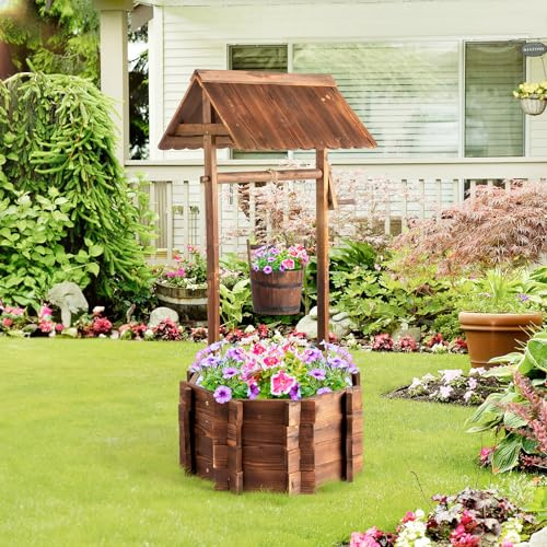 VINGLI Wooden Wishing Well Outdoor Planters, Well Covers for Yard with 2 Reinforced Rods, Height Adjustable Hanging Bucket, Rustic Flower Pot Home Decor for Outside Patio Garden