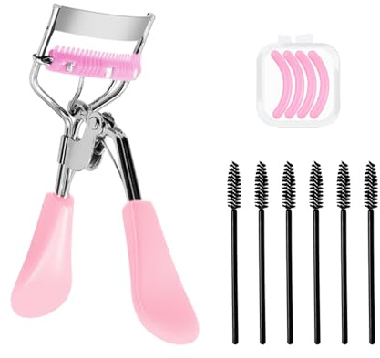 1 Rizador de pestañas de acero al carbono, 6 cepillos de pestañas, pincel para cejas, herramientas de maquillaje, peine integrado para rizar y embellecer las pestañas (rosa)