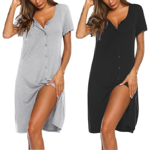 Ekouaer Women's Button Down Nightgown Short Sleeve Sleepshirt V Neck Night Shirt Soft Pajamas Dress Black, Light Grey