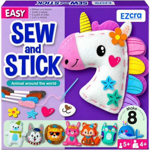 EZCRA Kit Couture Enfant Licorne - 8 Projets en 1 - Loisirs Créatifs Fille 4-8 Ans - Apprendre à Coudre Facilement - Peluches en Feutrine avec Autocollants Décoratifs - Idée Cadeau Débutant