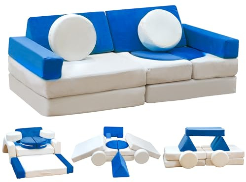 Stmoze 13PCS Modular Kids Play Couch, Kids Couch with Washable Velvet Cover, 5 Seconds Instant Expansion,Convertible Foam and Floor Cushion for Nursery Playroom, Blue & Beige