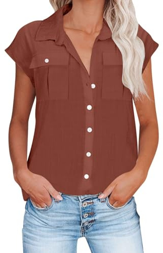 Camicia Donna Blusa Donna Elegante Camicetta Donna Manica Corta Lino da Donna Blusa Maglietta Elegante con Scollo a V Casual Camicie Abbottonate Top Tinta Unita Estive Shirt Classico per le Vacanze