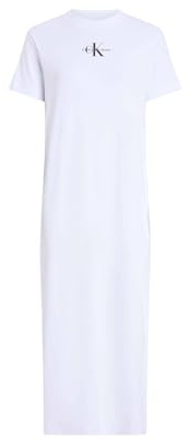 Calvin Klein Robe T-Shirt Femme Monologo Long Rib Tee avec Col Ras-du-Cou, Blanc (Brilliant White), M