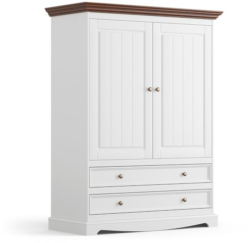 Lomadox Schlafzimmer Schrank Kleiderschrank Wäscheschrank, Massivholz in weiß mit Walnuss Optik