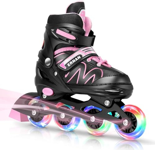 ERNAN Patines en línea Ajustables para niños y niñas con Ruedas de iluminación, para Principiantes y Jóvenes Patines de Ruedas para Niños Grandes en Exteriores e Interiores (Pink, S)