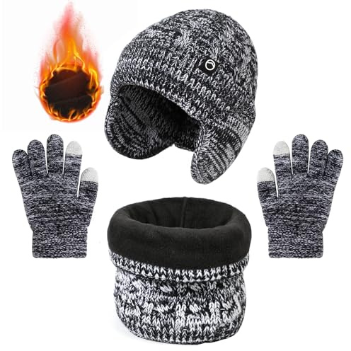 TAGVO 3 en 1 Ensemble Bonnet-Echarpe-Gants Enfant Hiver, Ensemble Chapeau Hiver Bonnet Écharpe Gant Tricot Doublure Doublé Polaire avec protège-oreilles Épaisse pour Fille et Garçon 4-10Ans