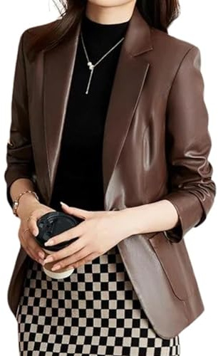 TRESSANO 2-Button Lambskin Leather Blazer Women - Casual Coat Long Sleeves Leather Jacket Suit Style for Women, Brown, XL