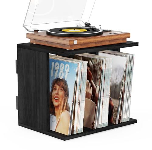 Emfogoo Supporto in legno, con scatola vinile, montaggio a parete, stile vintage, mobile 3 scomparti, giradischi vinile stand fino a 100 album, per soggiorno, ufficio