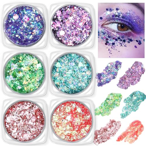 Festival Glitzer Gesicht gel,6 Stuck Body Face Glitter,Gesichtsglitzer Pailletten,Körperglitzer Gel,Festival Zubehör Gadget,für Halloween Schminke,Karneval Make up Glitter-6 Glitzer Bunte Farben