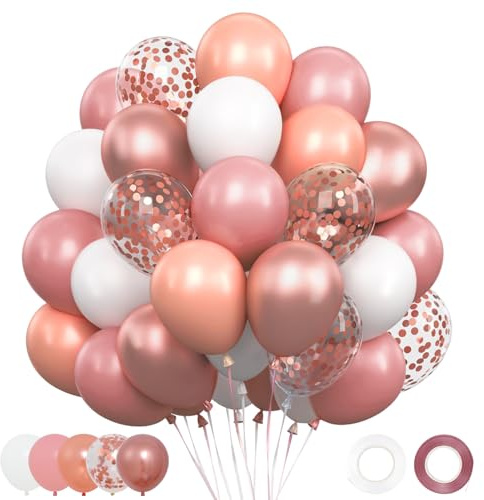 Palloncini Compleanno Rosa - 62 Pezzi 12 Pollici Elio Palloncini Bianchi, Rosa Pastello, Rosa Retrò,Rosa Metallici e Coriandoli per Decorazioni Compleanno Bimba, Baby Shower, Festa Matrimonio
