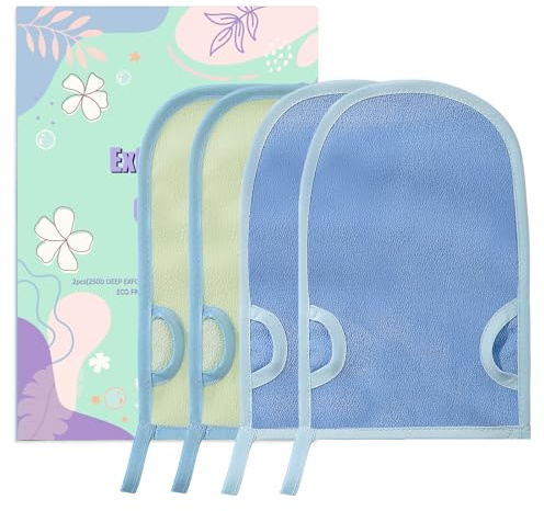 4 Pcs Exfoliating Gloves, Two Intensities Exfoliation Scrubbing Mitt Deep Body Exfoliating Glove Dead Skin Remover Shower Body Scrub Gloves for Women and Men(Blue & Green)