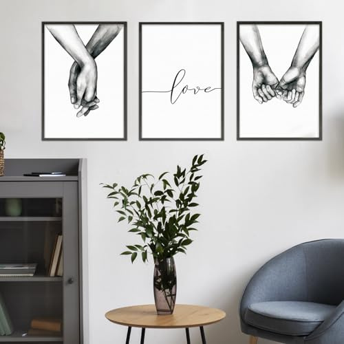 OJTOJT Set Di Stampe Da Parete, Quadri Moderni Soggiorno, Set Di 3 Stampe Da Parete, Poster Tenersi Per Mano In Bianco E Nero, Per Camera Da Letto Soggiorno Decorazioni Senza Cornice (21x30cm)