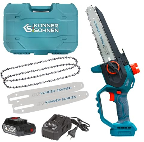 K&S Könner&Söhnen KS MCS20V-8 Case - Minimotosierra con batería de 8 pulgadas, motosierra eléctrica de mano con lubricación automática de cadena, sierra con batería de una sola mano con cargador de
