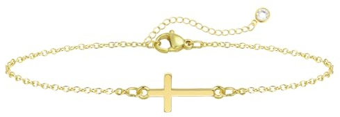 Emibele Bracelet Croix en Or pour Femme, Chaîne Croix Réglable Plaquée Or 14K, Bracelet Croix en Or Fin et Lisse, Bijoux Religieux Chrétiens Cadeau de Baptême et de Foi pour Femme