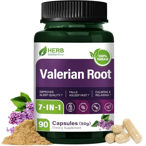 HERBENENERGYflow Valerian Root Extract Capsules, Herbal Supplement for Improving Sleep Quality,Falls Asleep Fast & Calming Relaxing. Natural Blend w/Passion Flower Chamomile. 90 Count.