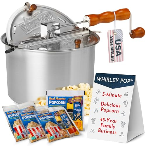 Original Whirley Pop Popcorn Maker - 6 Quart Stovetop Popcorn Popper With Four Popping Kits, Aluminum Popcorn Pot With Metal Gears, Wabash Valley Farms Stove Top Popcorn Maker, Popcorn Pan (Silver)