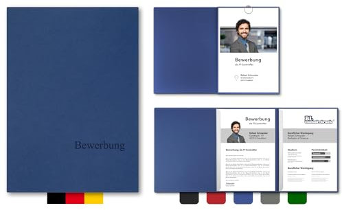 5 Stück 3-teilige Bewerbungsmappen BL-exclusivdruck® OPTIMA in Königsblau - Premium-Qualität mit edler Relief-Prägung 'Bewerbung' - Produkt-Design von 'Mario Lemani'