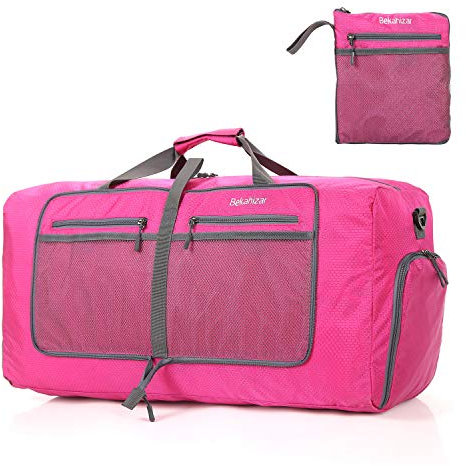 Bekahizar Leichte Faltbare Reisetasche 60L Große Travel Duffle Bag Übernachtung Taschen Verpackbar Reisegepäck Gym Sporttasche Mit Schuhfach für Herren Damen Flugzeug Camping Reisen Urlaub (rosa)