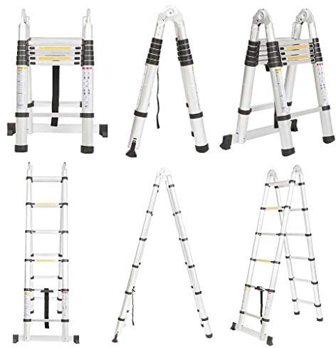 Heavy Duty Stainless Steel Telescopic Collapsible Loft Folding Ladder A Frame 3.8M /1.9m + 1.9m 12 Step Retractable Extendable Extension Multi Purpose Ladders- 150kg/330lb Capacity