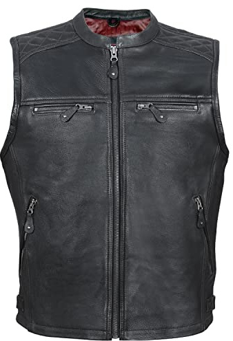 Gilet cuir moto homme - Biker Gilet pelle bovina naturale pieno fiore - Vintage con cerniera da uomo - Giacca senza maniche - motociclista con cinghie laterali regolazione della vita (4XL, Nero)