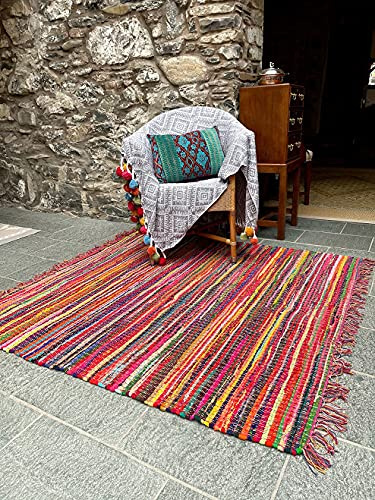 Second Nature Online Festival Medium Square Eco Friendly Multi Colour Stripe Fringed Rag Rug Hand Woven with Recycled Fabric Strips 150 cm x 150 cm