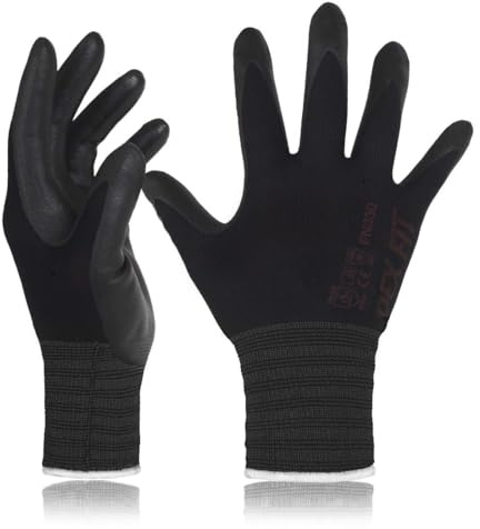 DEX FIT Nitrile Work Gloves FN330, 3D-Comfort Stretchy Fit, Firm Grip, Thin & Lightweight, Touch-Screen Compatible, Durable, Breathable & Cool, Machine Washable; Black L (9) 3 Pairs