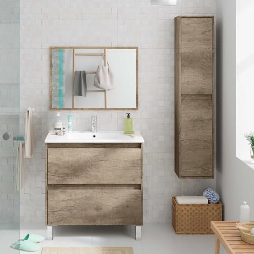 Inbagno Mobile Bagno da Terra 80 cm, 2 cassetti Serie Oasi, Colore Rovere con venatura Naturale, Completo di lavabo in Ceramica e specchiera