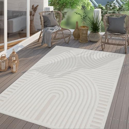 TT Home In-& Outdoor Teppich Wetterfest Balkon Küche Wohnzimmer Boho Skandi Design, Farbe:Hellgrau Creme, Größe:140x200 cm