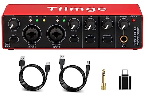 Tiimge 2x2 USB Audio Interface for PC, with 48V Phantom Power, 24Bit/192kHz High-Fidelity, Mic Preamplifier XLR/TSR/TS Ports, Compatible for Guitarist, Vocalist, Podcaster or Producer