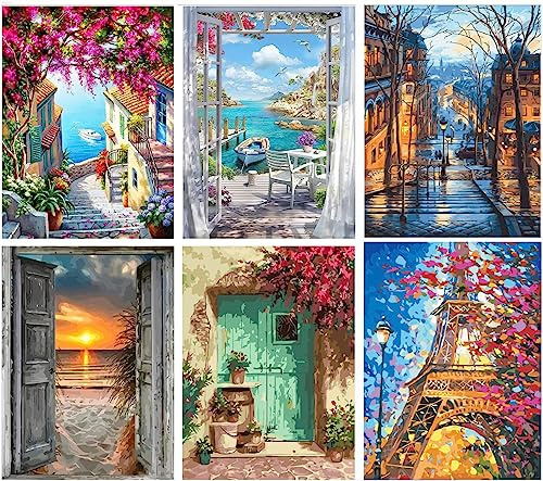 Mrnsiet 6 Packs Paint by Number for Adults,DIY Landscape Paint by Number Kits for Adults Beginners,Watercolor Oil Painting Craft Art for Home Wall Decor12X16Inch