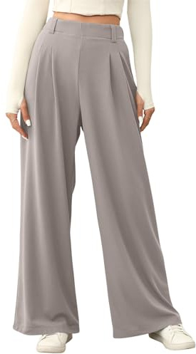 EVALESS Women's High Waisted Pants Plain Solid Color Wide Leg Waffle Knit Dressy Business Casual Pants Stretchy Trousers with Pockets Light Grey X-Large
