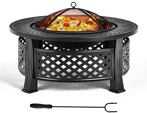 COSTWAY eldskål, eldstad med grillgaller, 81 cm brandkorg med gnistskydd, eldskål för trädgården, inklusive förklädkrok, för grillning, picknick och lägereld
