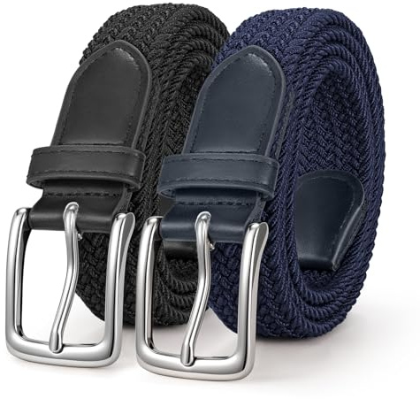 WERFORU 2 stycken unisex elastiskt tygbälte flätat stretchbälte stretchigt bälte för kvinnor och män, Svartblå, Gürtellänge 90cm