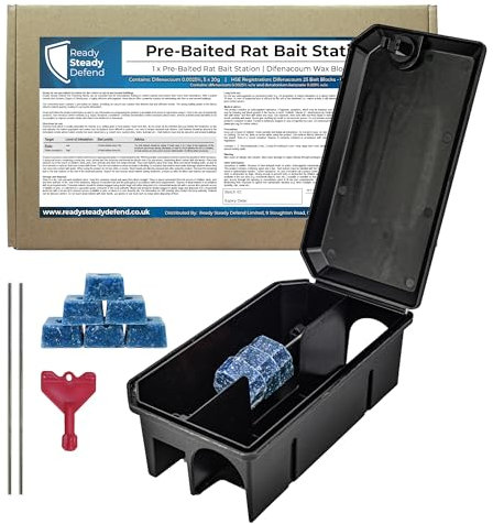 Pre Baited Rat Box - 1 Pack - Effective Rat Traps, Ideal Rat Trap and Rat Traps for Indoors Solution, Difenacoum 0.0025%, 5 x 20g, Ready to Use - Professional RatControl Indoors & Outdoors