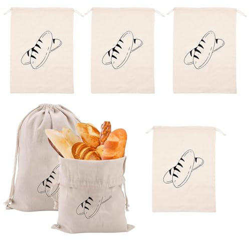Ksvaye 4 Pièces Sac a Pain Coton Lin Biologique, Sac à Pain Baguette de Cuisine, Sac à Pain Tissu Imprimé Vintage Décor avec Cordon de Serrage pour Pain, Fruits, Baguettes, Boîtes à Déjeuner
