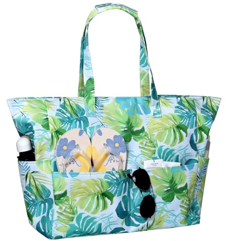 HarnyLoom Bolsa Playa Mujer XXL, Bolsa de Playa Impermeable Grande Familiar Verano Bolsa Termica Playa Hawaiana con Cremallera para Playa Viaje Vacaciones Picnic Compras (Palmera Verde)